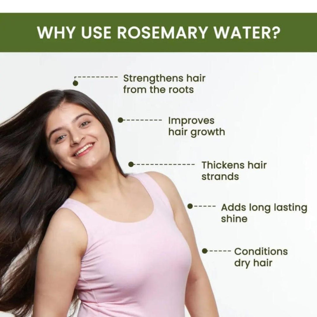Woman with long hair next to text explaining benefits of using rosemary water