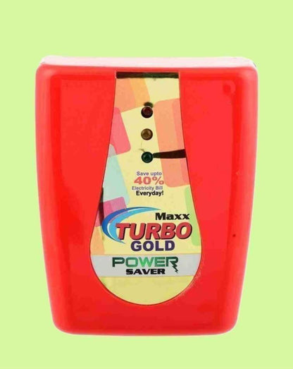 Red power saver device with colorful label on a green background