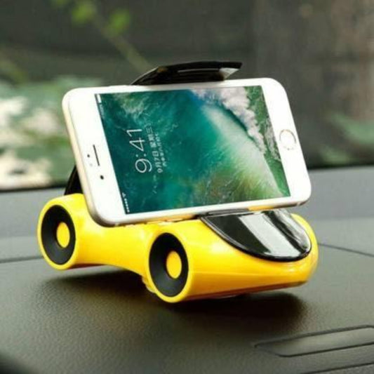 A mobile phone holder in the shape of a car with a yellow and black color scheme, mounted on a car's dashboard.