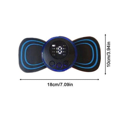 Black and blue device with digital display and measurement details on a white background