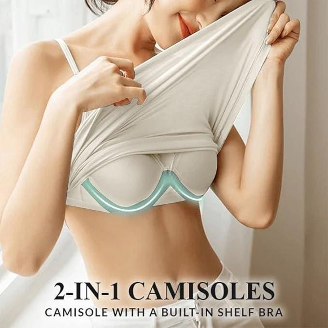 A woman wearing a beige loose cami with built-in tank top, showcasing the garment's neckline and sleeveless nature.