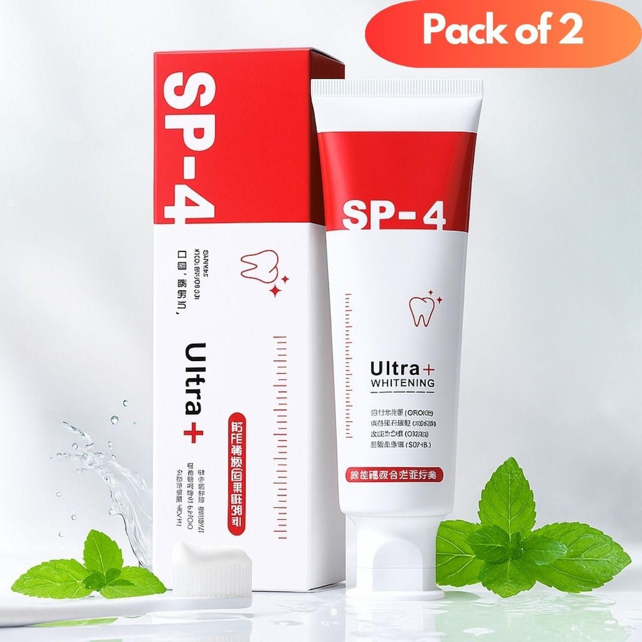 SP-4 Ultra+ Whitening toothpaste with packaging on a light gray background