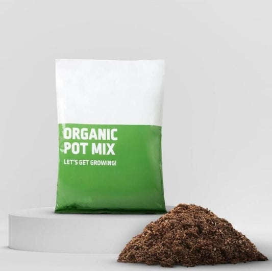 Bag of organic pot mix with text 'Organic Pot Mix, Let's Get Growing!' on a white background.
