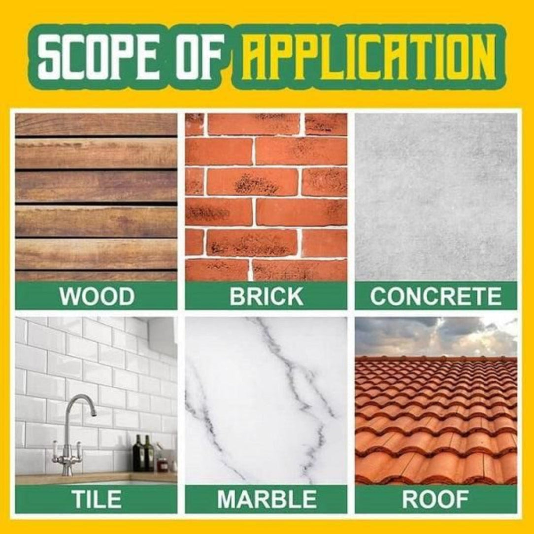 Scope of application chart showing wood, brick, concrete, tile, marble, and roof textures.