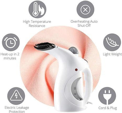 Handheld steamer with features highlighted on a white background