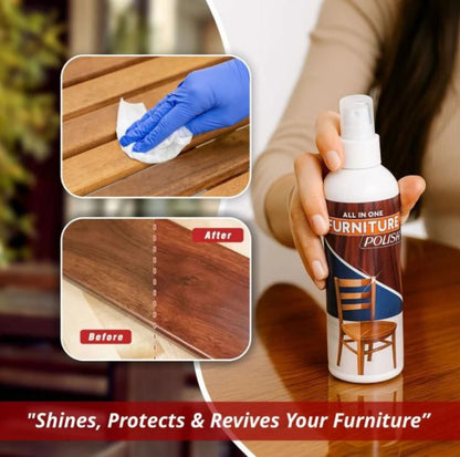 Furniture polish spray bottle with before and after images of wooden furniture.