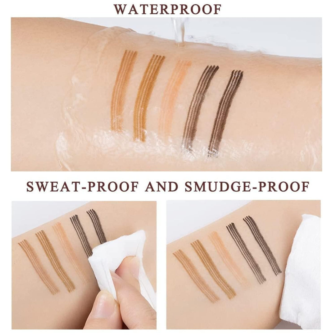 Cosmetic pencil application on skin with waterproof, sweat-proof, and smudge-proof text.