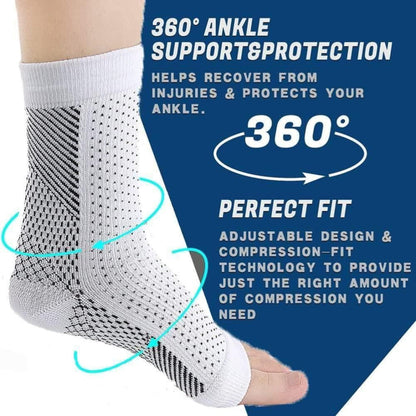 Ankle support sock with text highlighting features on a blue background