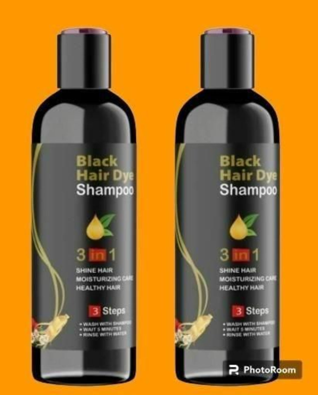 Two bottles of Black Hair Dye Shampoo on an orange background