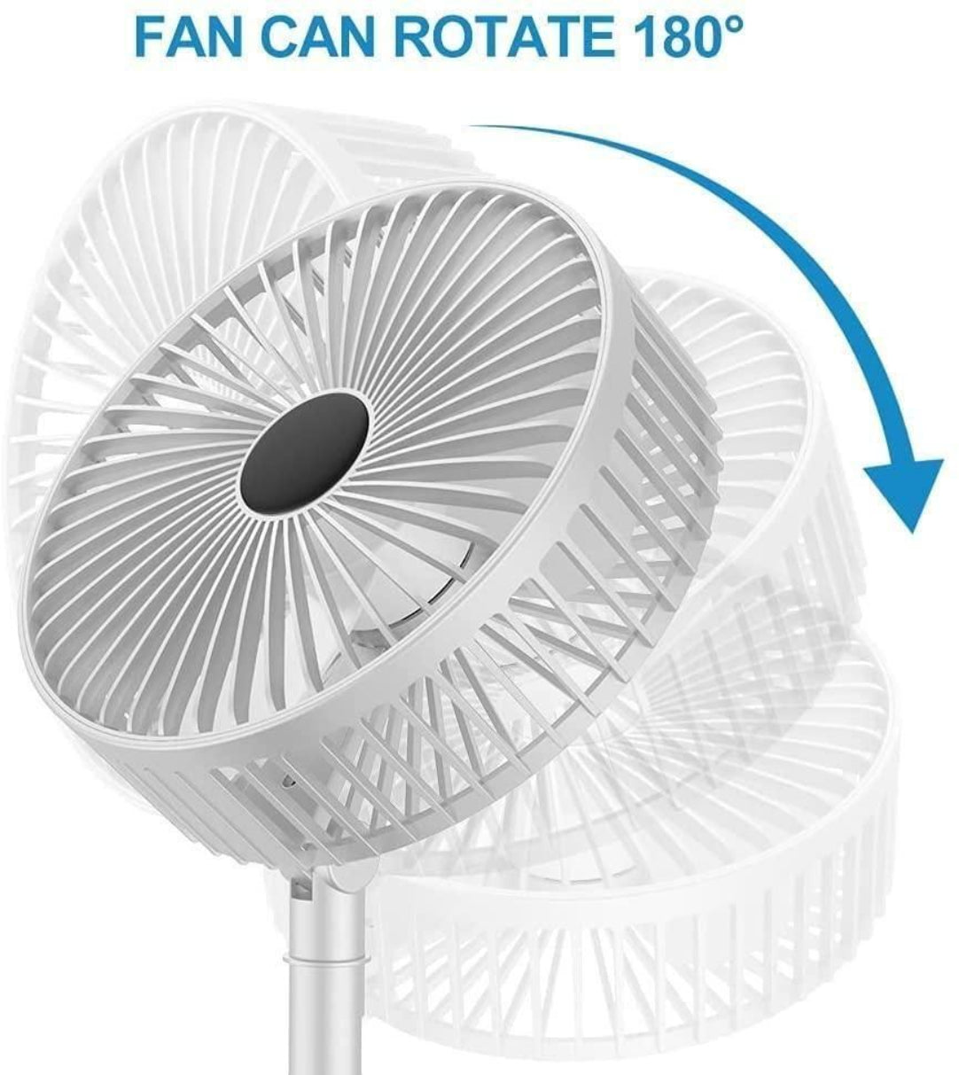 White oscillating tower fan with a 180-degree rotation feature on a white background