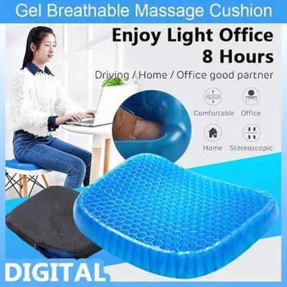 Blue gel massage cushion with text on a white background