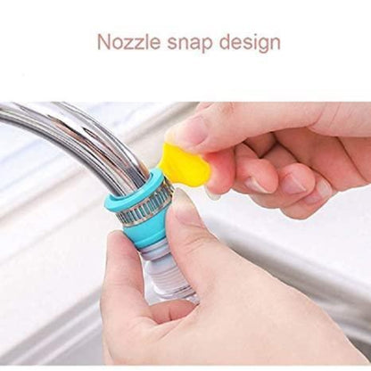 Person attaching a blue and yellow nozzle to a silver faucet