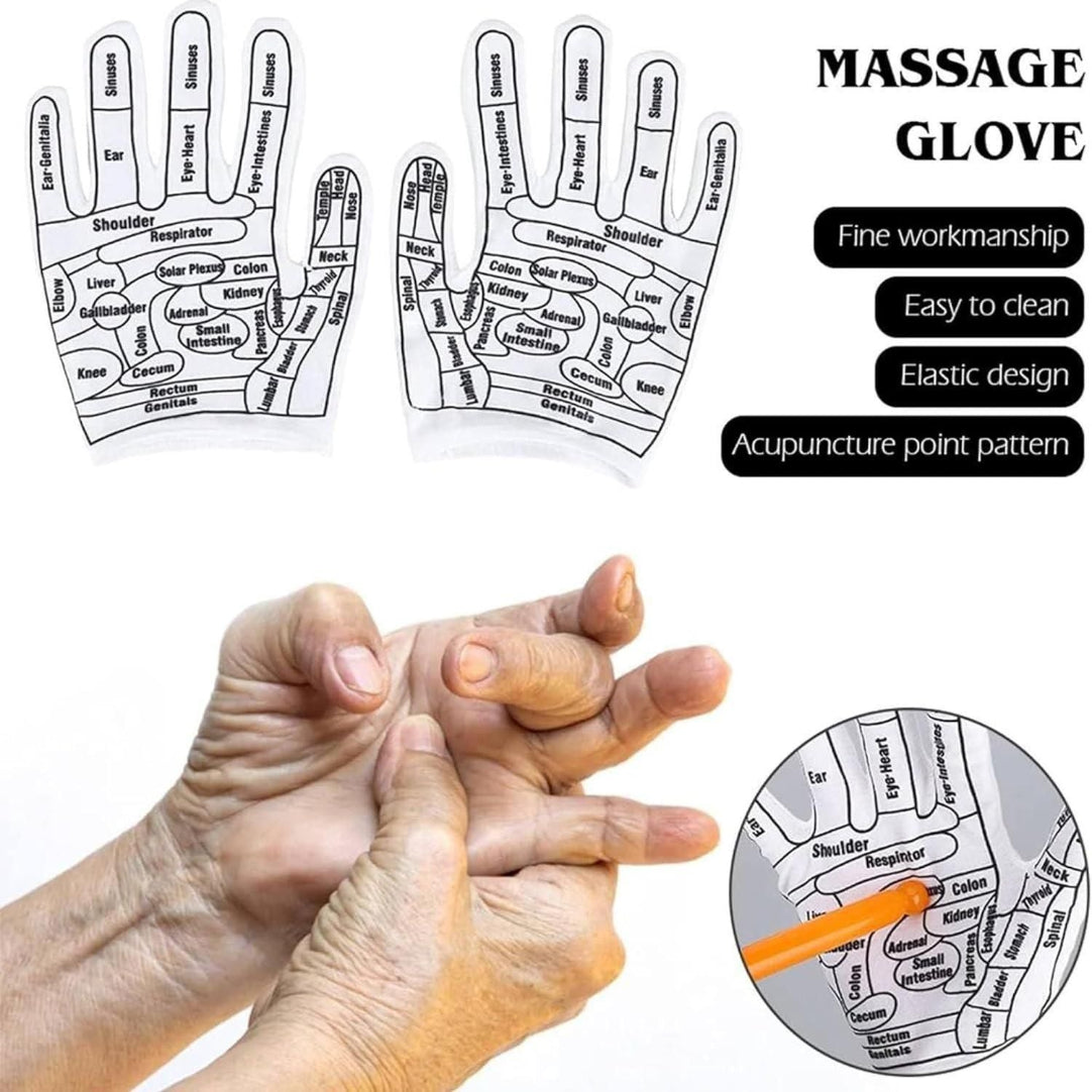 Massage glove with acupuncture point pattern, showing hands wearing it.