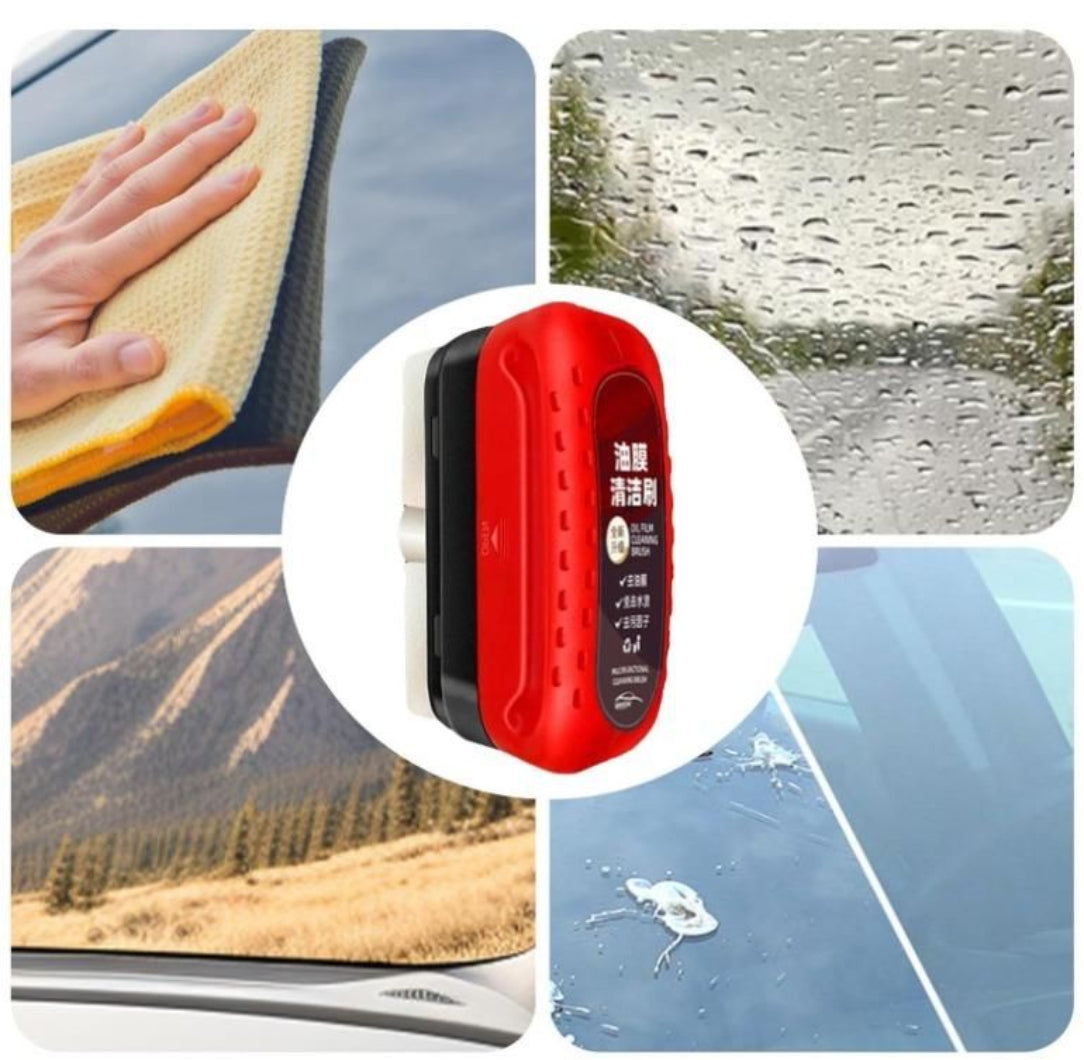 Collage of a red car cleaning tool, sponge, and car window with water droplets.