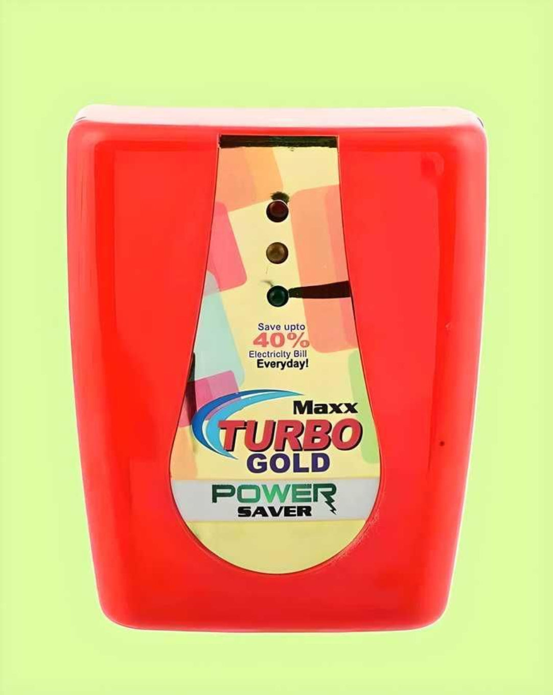 Red power saver device with colorful label on a green background