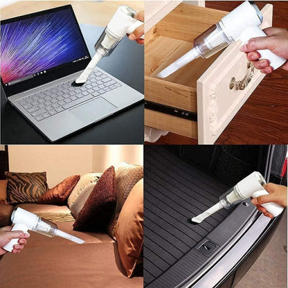 Multifunctional vacuum cleaner being used on a laptop, furniture, sofa, and car trunk.