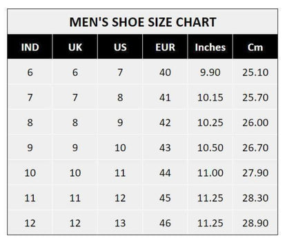 Men's shoe size chart showing conversions between Indian, UK, US, EU, inches, and centimeters.