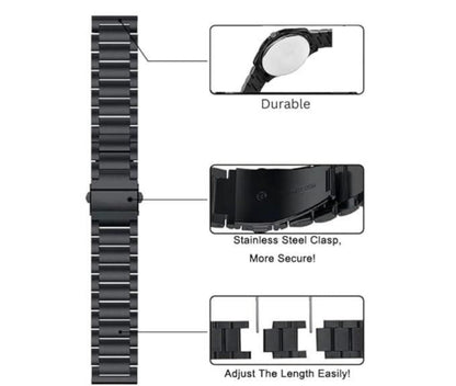 Black watch strap with features highlighted on a white background