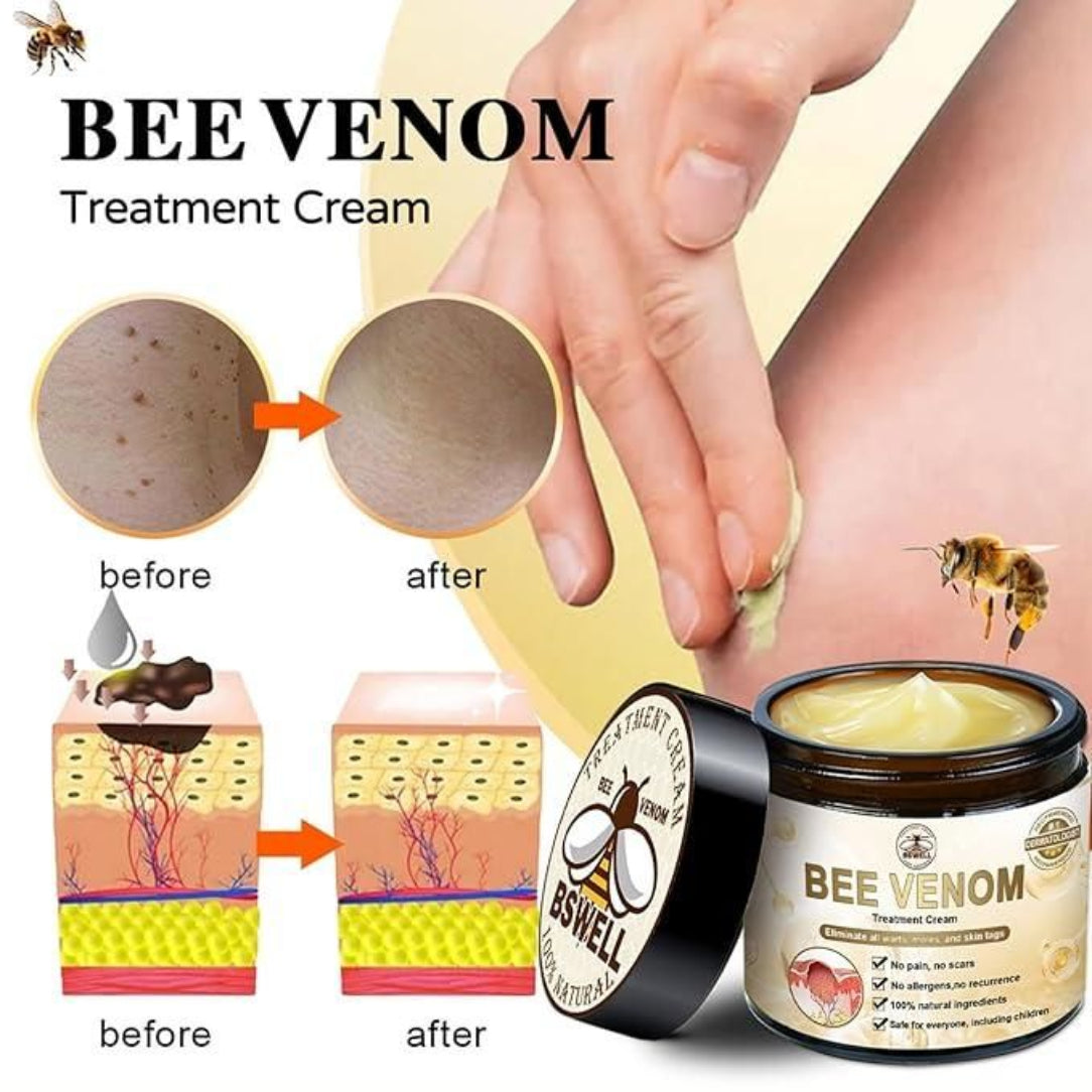 Bee Venom Treatment Cream packaging with before and after effects on skin, BSwell brand visible