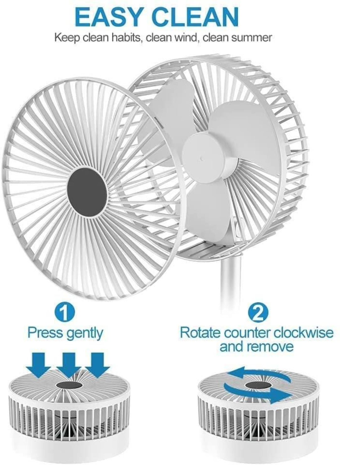 Wall-mounted fan with cleaning instructions on a white background