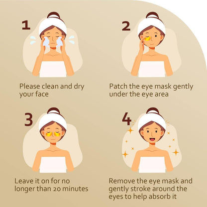 Step-by-step guide on using an eye mask with illustrations and text.