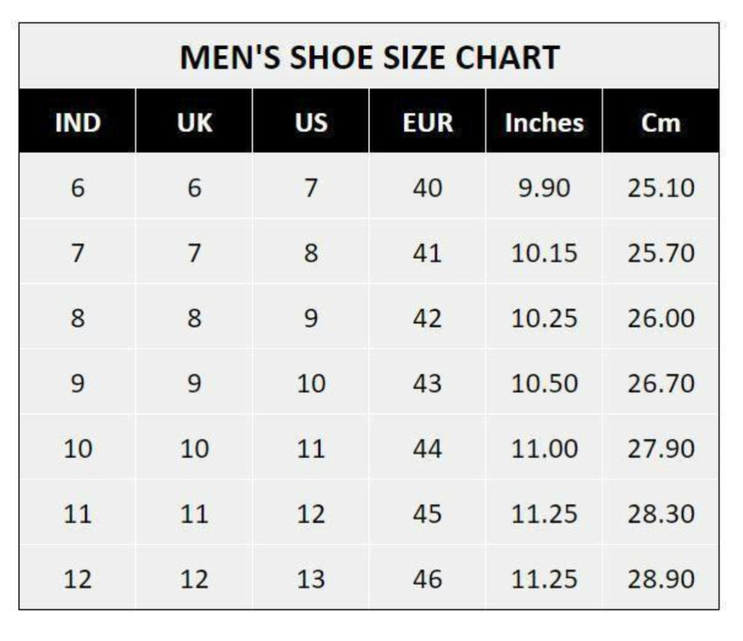 Men's shoe size chart with measurements in inches and centimeters