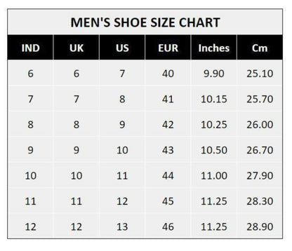 Men's shoe size chart with measurements in inches and centimeters