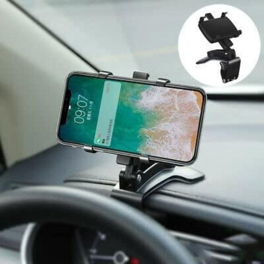 A black car cradle mobile phone holder mounted on a dashboard, holding a smartphone in place.