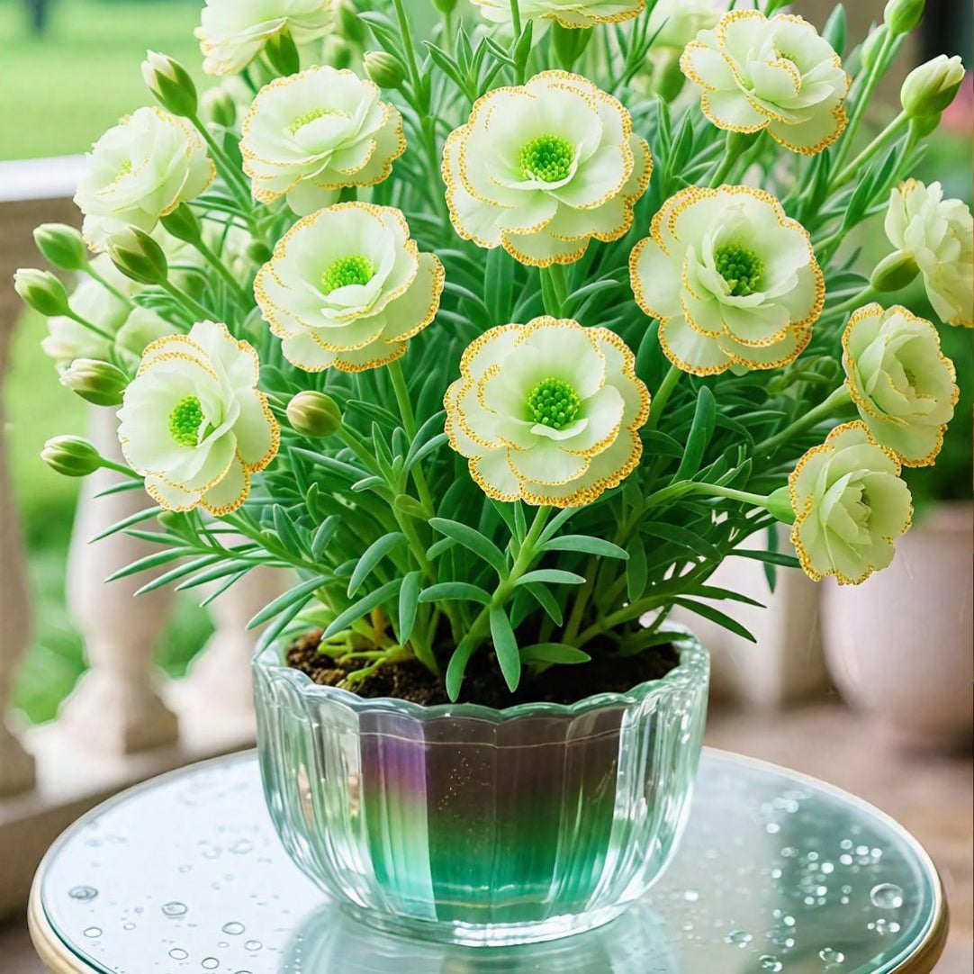 Potted plant with light green flowers on a reflective surface