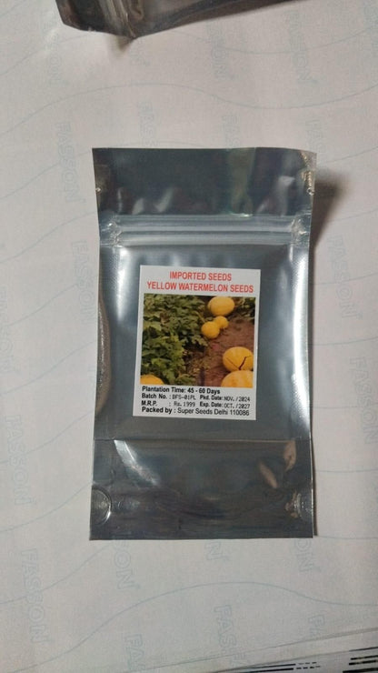 Seed packet for yellow watermelon seeds on a white background
