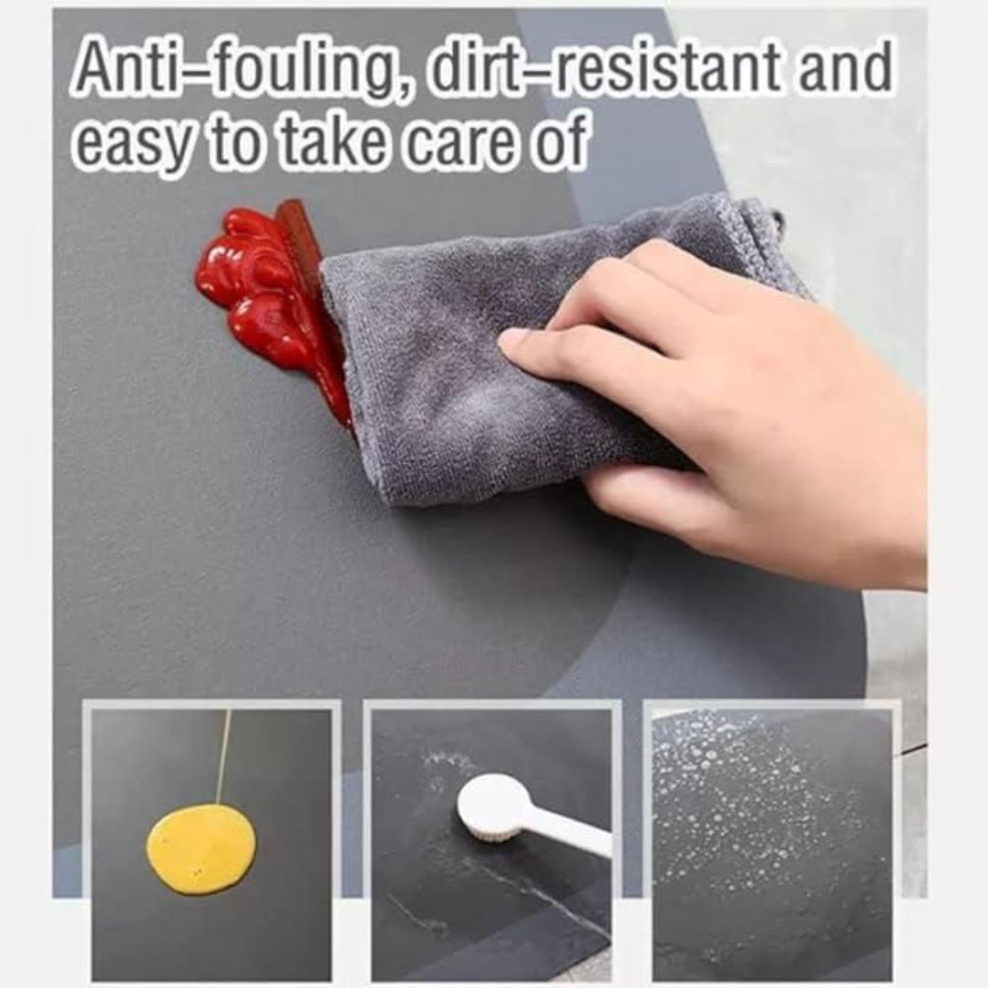 Hand using a gray towel to clean a surface with text 'Anti-fouling, dirt-resistant and easy to take care of'.