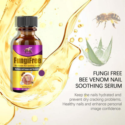 FungiFree bee venom nail soothing serum with a honeycomb and bee illustration on a yellow and white background.