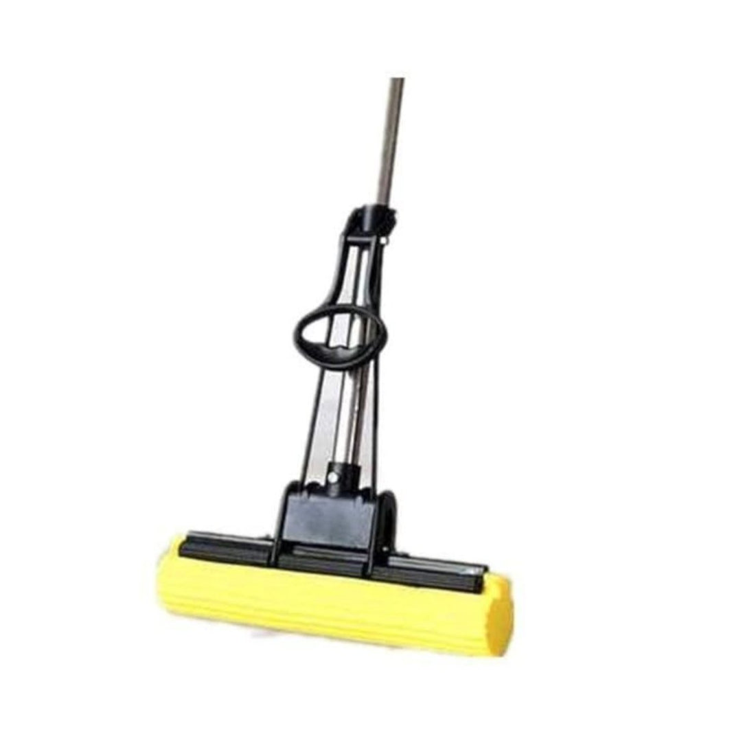 Yellow squeegee with black handle on a white background