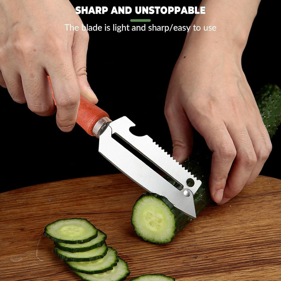 Person using a vegetable peeler to slice cucumbers on a wooden cutting board with text about the blade's sharpness.
