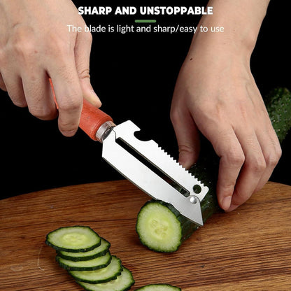 Person using a vegetable peeler to slice cucumbers on a wooden cutting board with text about the blade's sharpness.