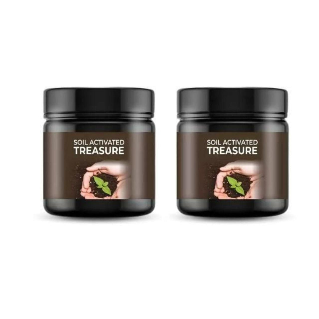 Two jars of 'Soil Activated Treasure' on a white background
