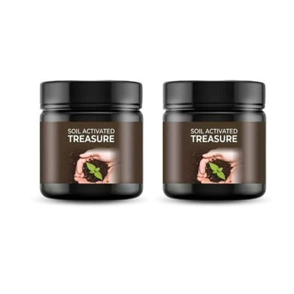 Two jars of 'Soil Activated Treasure' on a white background