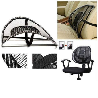 Collage of office chair mesh backrests in various settings