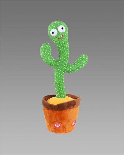 A plush cactus toy with a green body, placed in an orange pot, featuring eyes, a mouth, and a movable arm, set against a grey background.