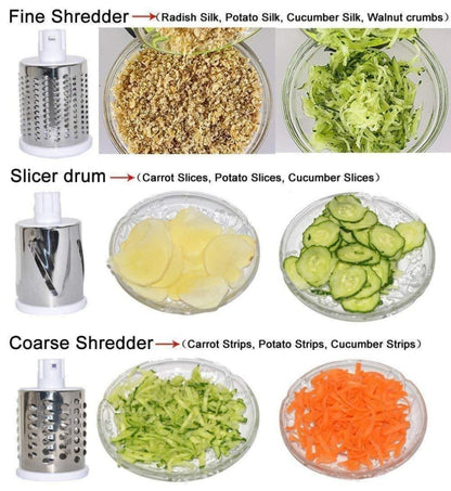 Vegetable slicer with fine, coarse, and sliced vegetables on a white background