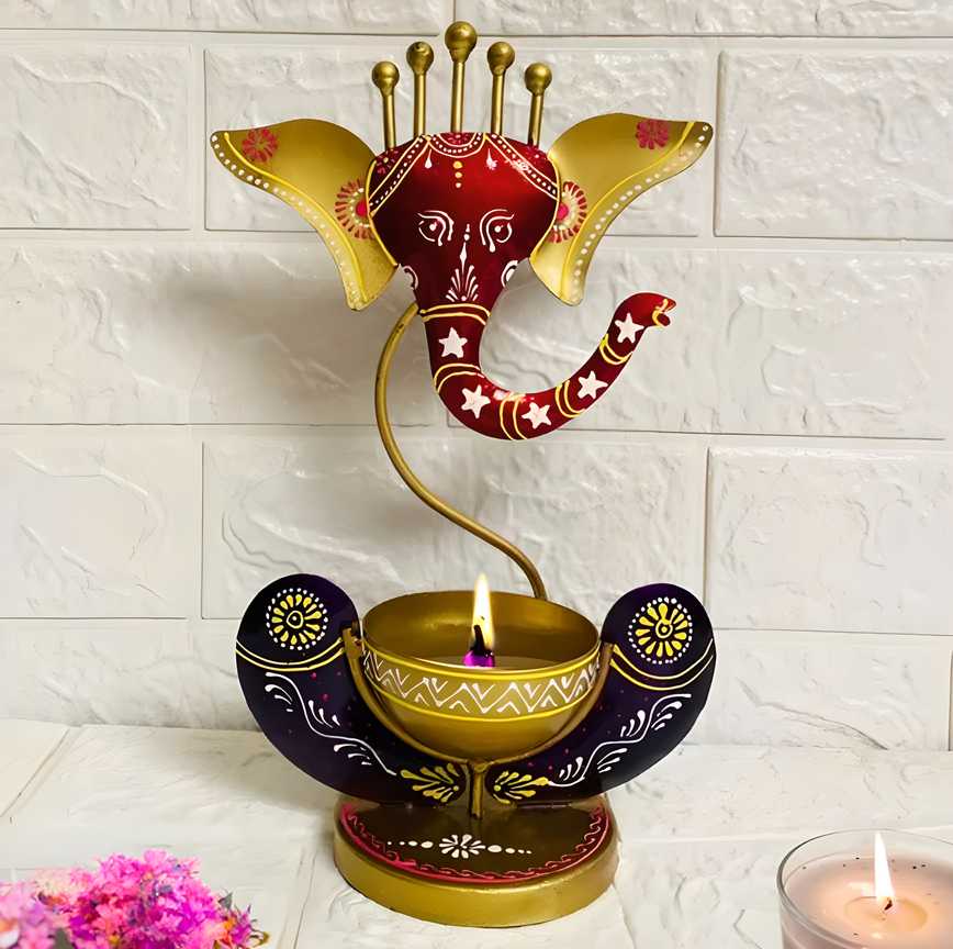 Intricately Crafted Spiritual Decor Ganesha with Tealight Candle Holder .