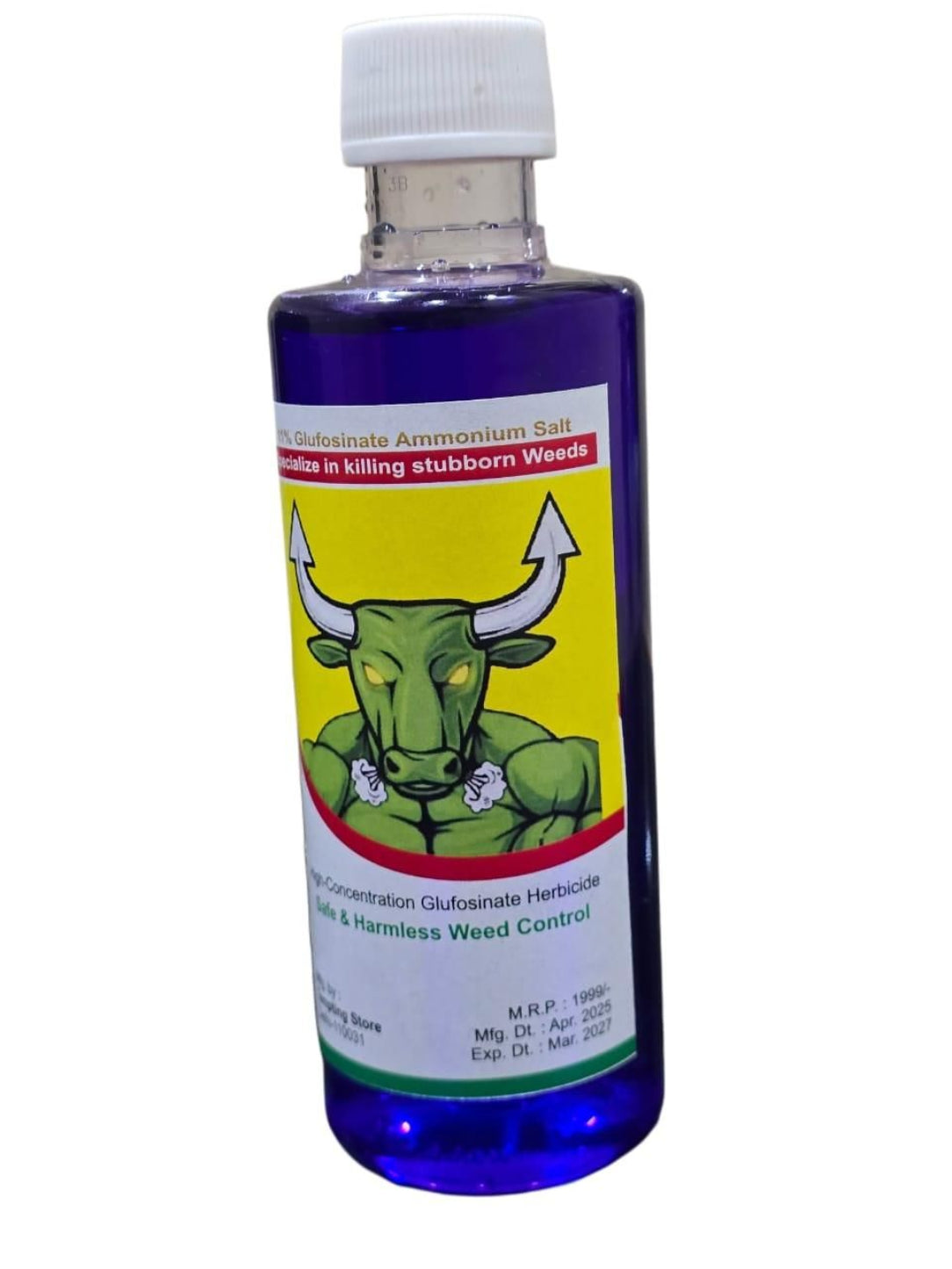 Bottle of herbicide with a colorful label featuring a bull, on a white background.