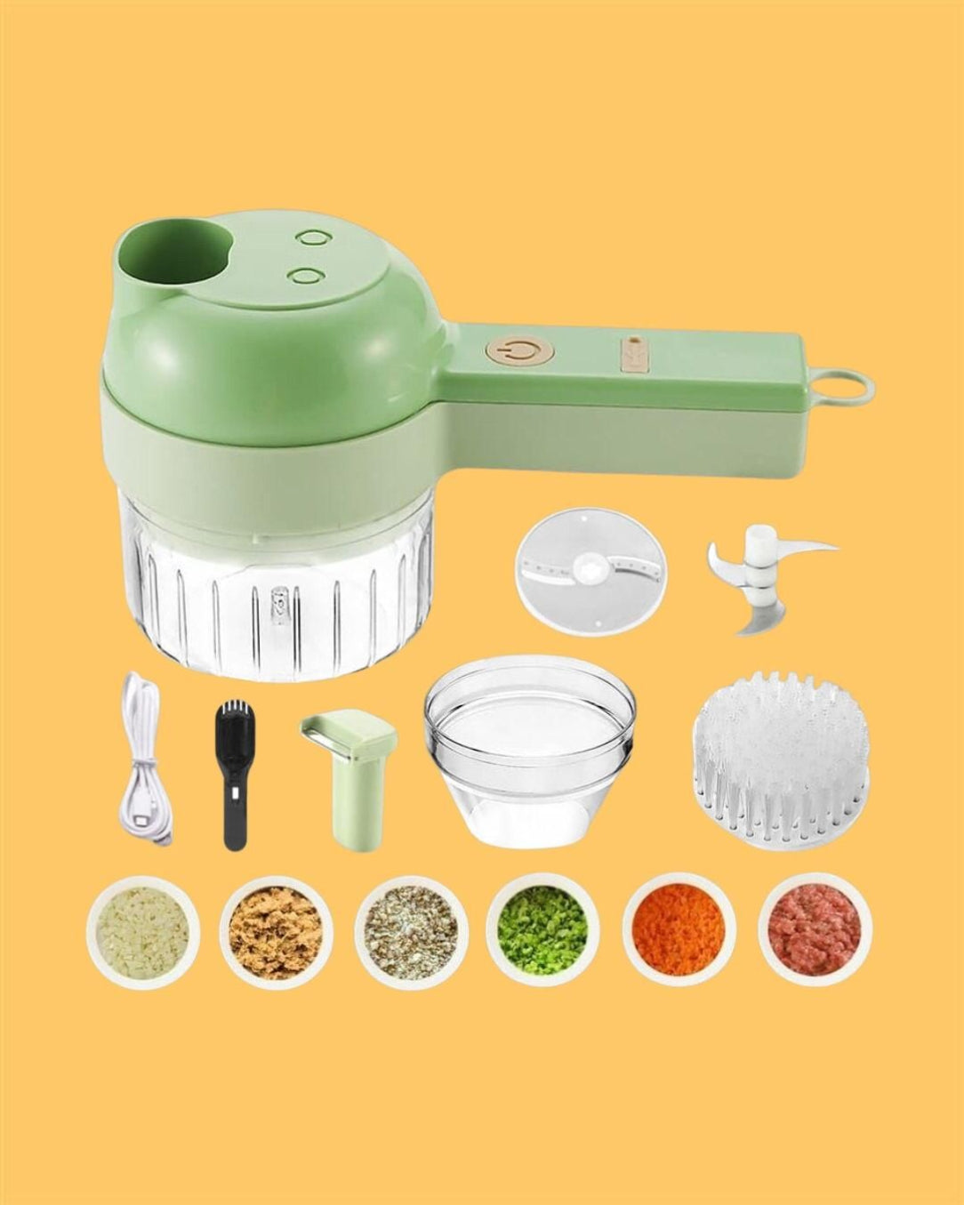 Green kitchen tool with attachments on a yellow background