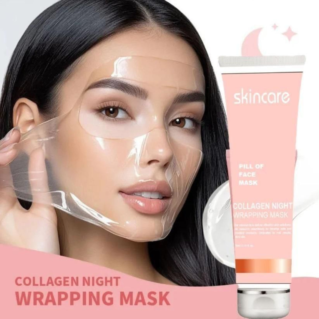 Woman applying collagen night wrapping mask with skincare product on a pink background