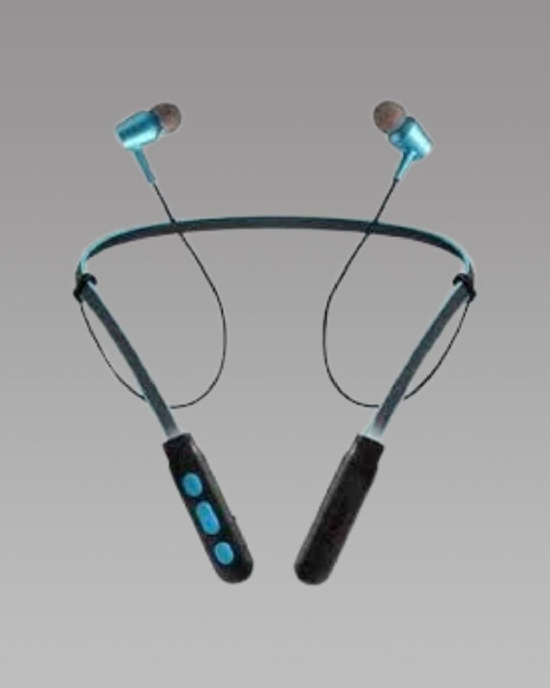 A blue Sports Bluetooth Neckband with black silicone ear tips, displayed against a grey background.