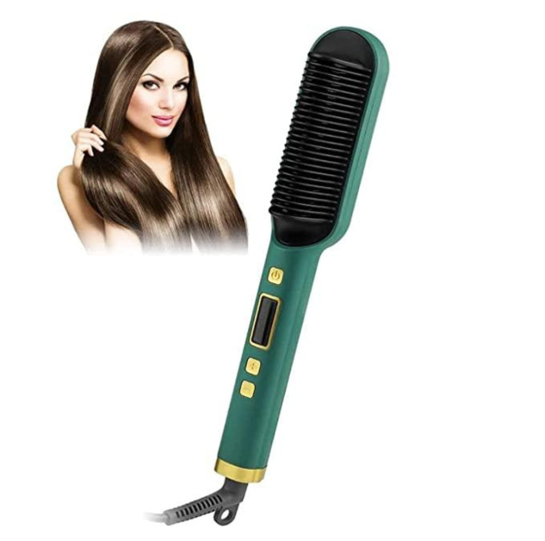 Hair straightening brush with a woman displaying styled hair on a white background
