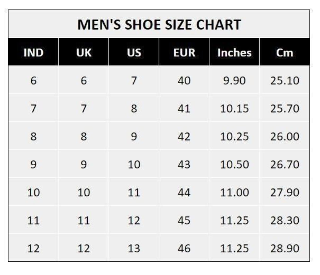 Men's shoe size chart with conversions between Indian, UK, US, EU, inches, and centimeters.