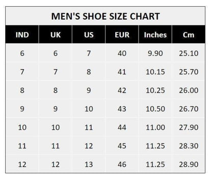 Men's shoe size chart with conversions between Indian, UK, US, EU, inches, and centimeters.