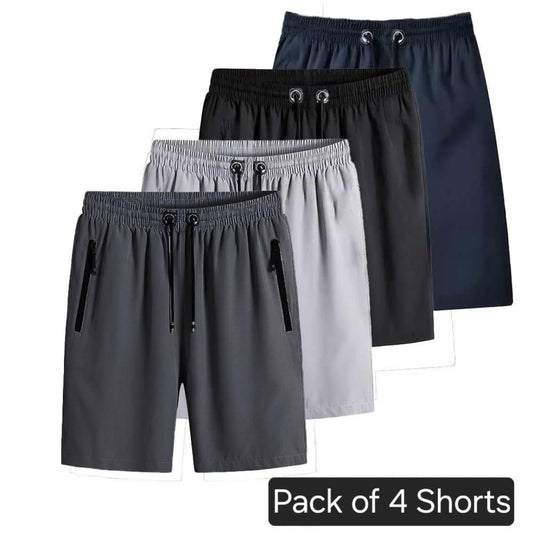 Pack of 4 shorts in gray, black, and navy on a white background