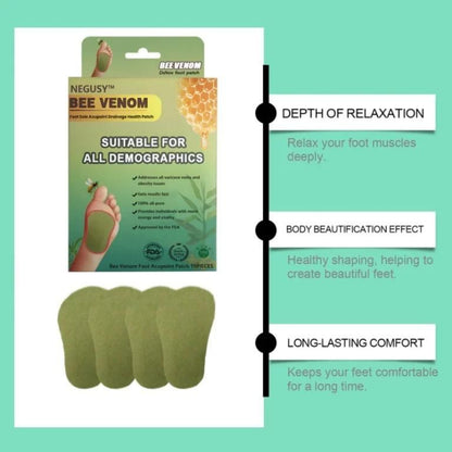Bee Venom foot patch packaging with product description on a green background